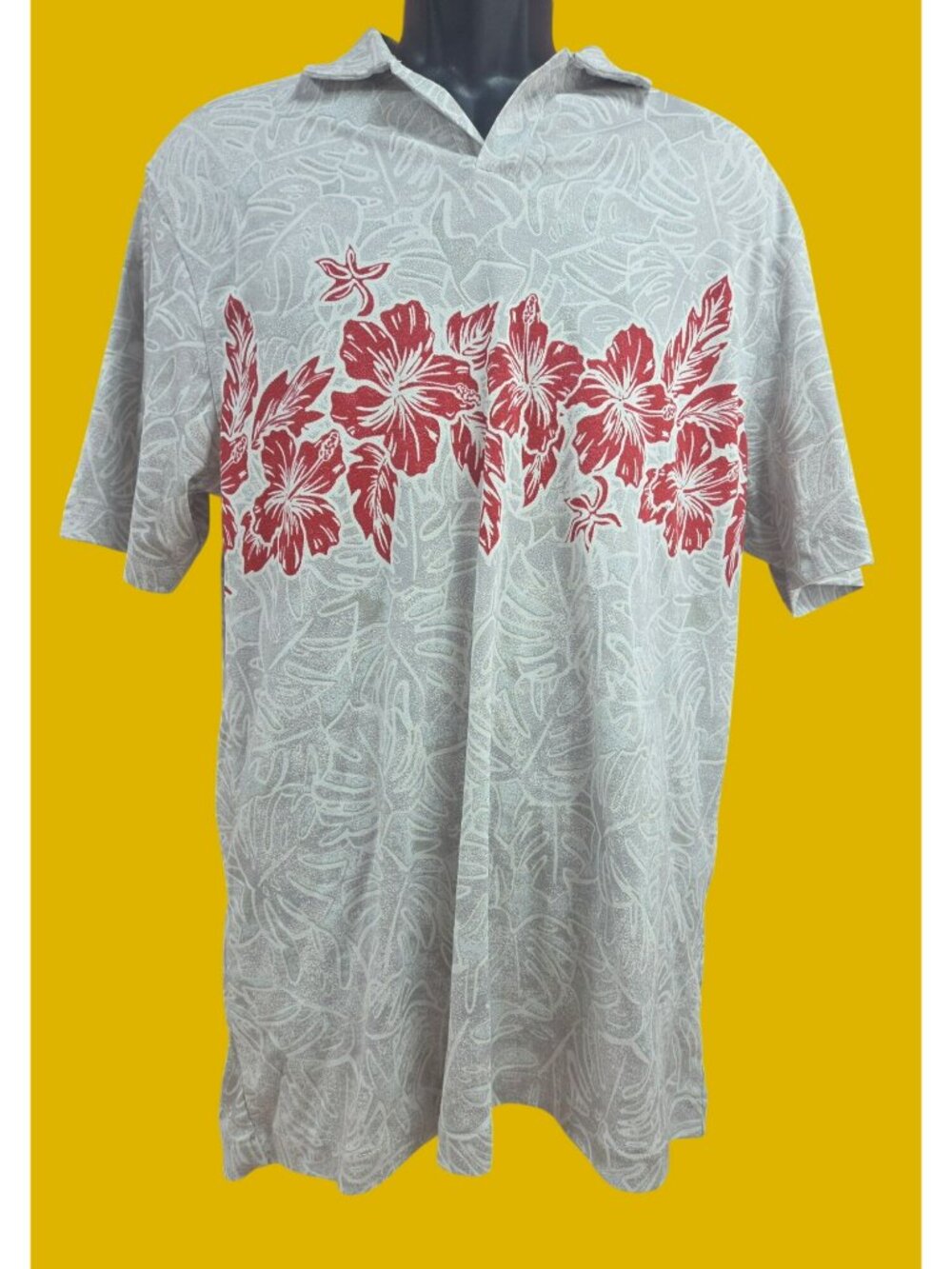 Caribbean Supima Hawaiian Shirt Large - Red Floral Print & Gray Leaf Pattern